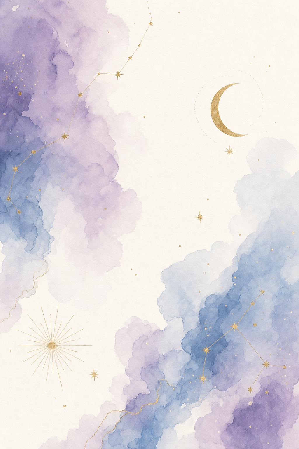 Delicate watercolour clouds with fine gold constellation lines