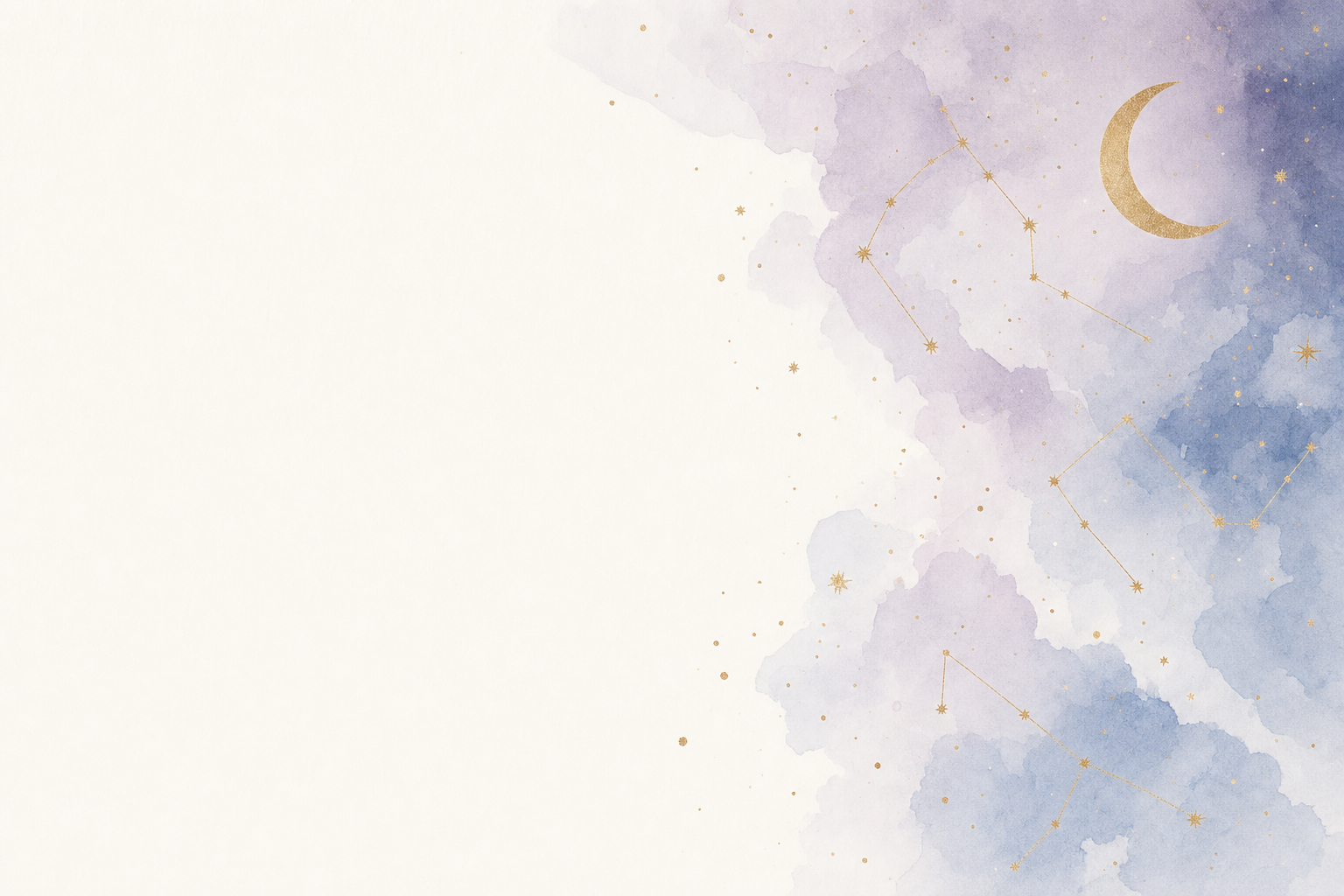 Watercolour illustration of a soft purple and blue celestial sky with gold constellation lines